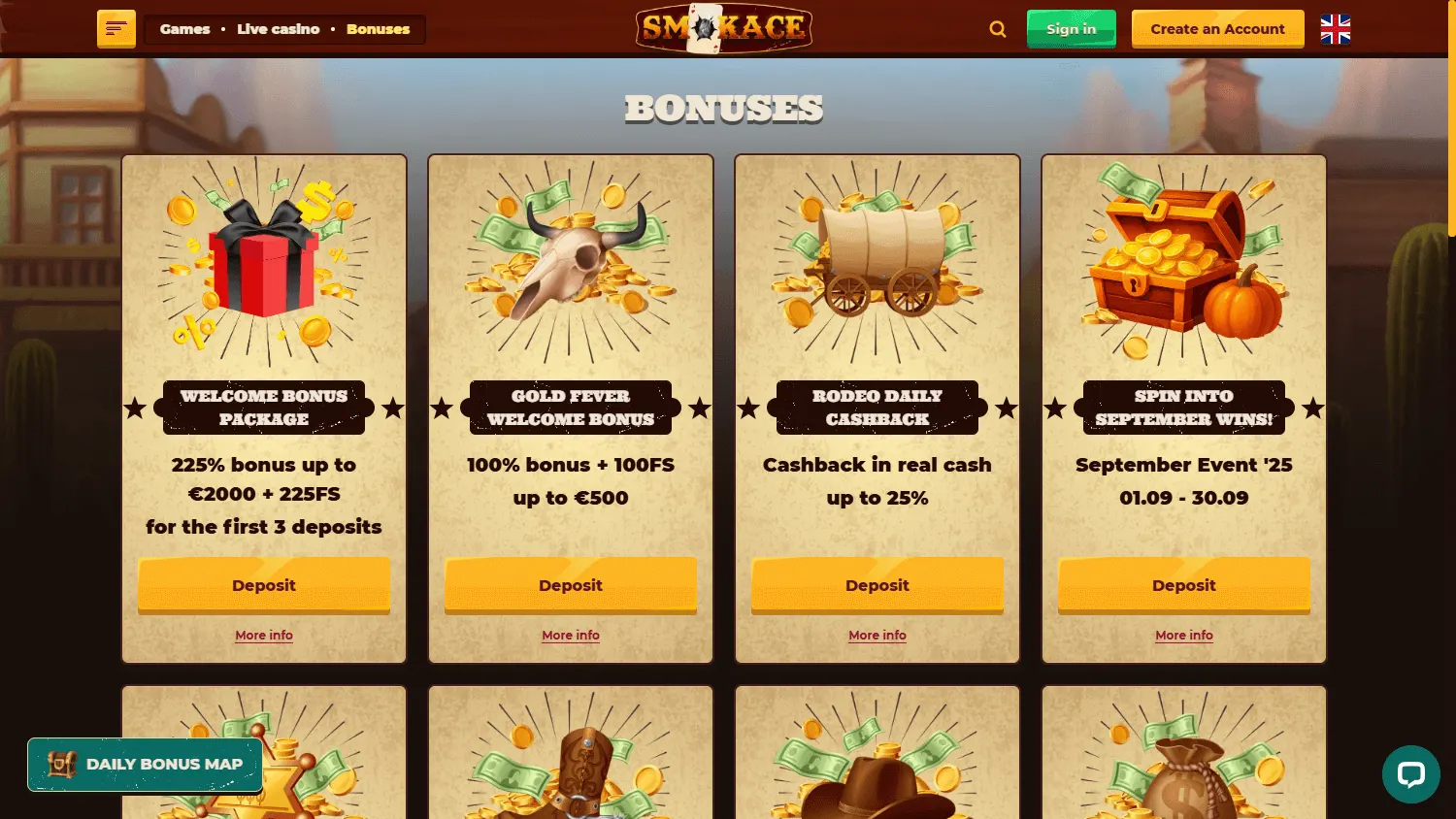 Smokace Casino desktop promotions interface with welcome and casino offers