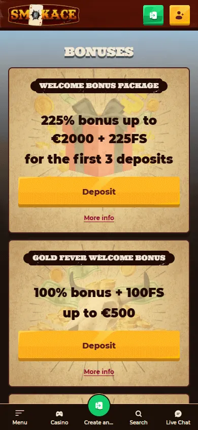 Smokace Casino mobile browser promotions interface