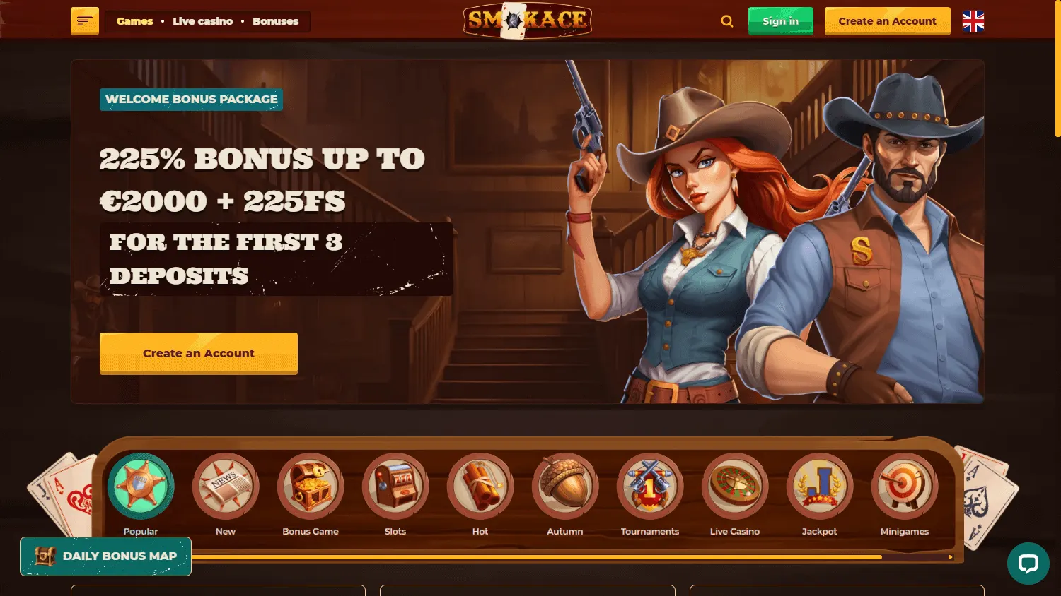 Smokace Casino desktop games interface with pokies and casino categories