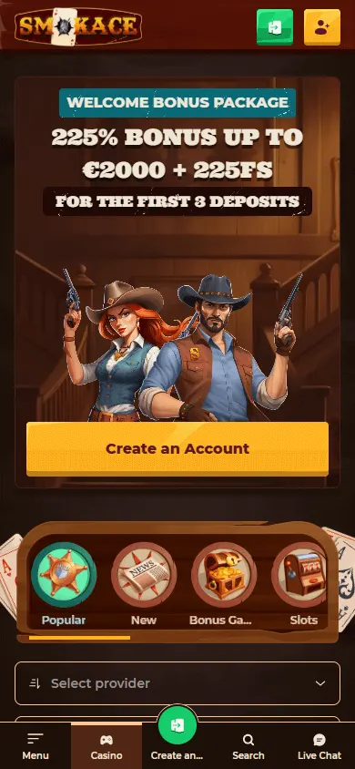 Smokace Casino mobile browser games interface