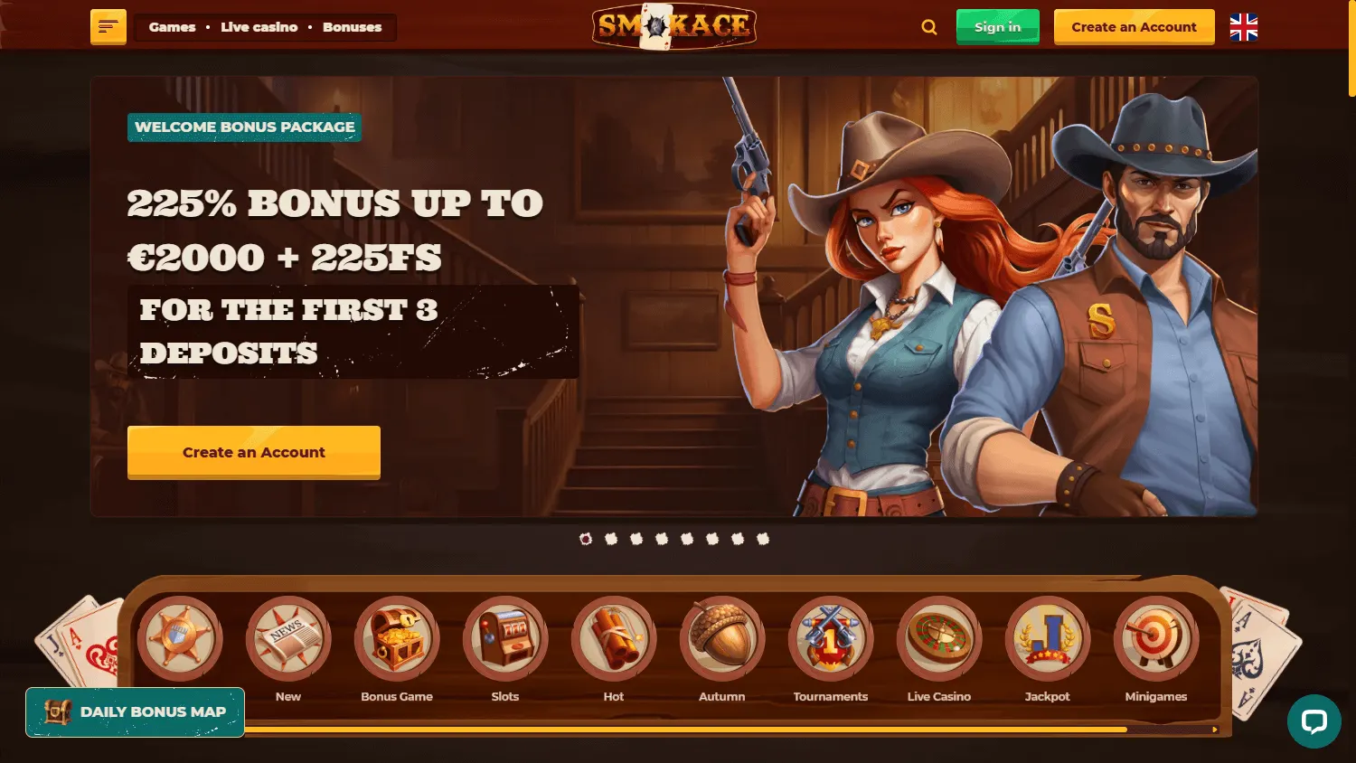Smokace Casino desktop home interface with casino offers and game access