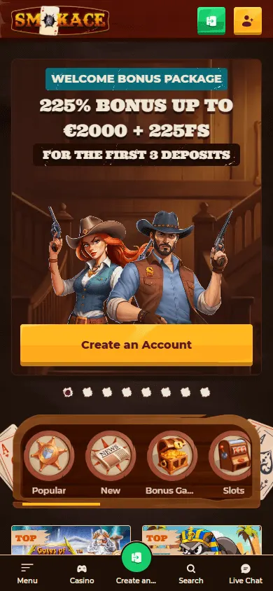 Smokace Casino mobile browser home interface